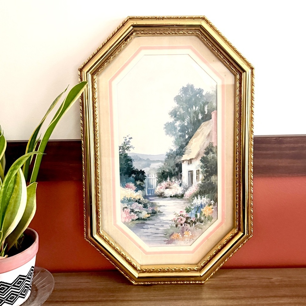 Vintage Country Cottage Home Flowers Art Ornate Gold Framed & Matted Tate 14x22”